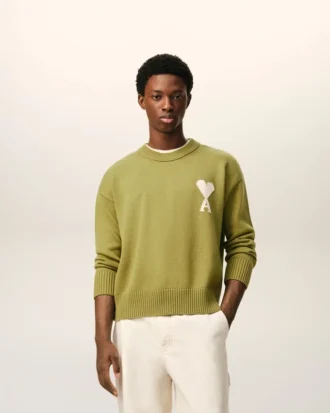 Ami de Coeur Sweater à col rond en laine et coton vert