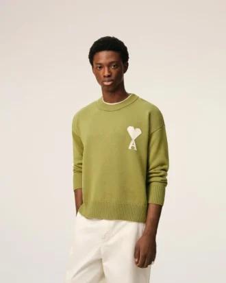 Ami de Coeur Sweater à col rond en laine et coton vert