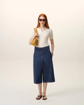 Bermuda bleu en coton avec ceinture enveloppante