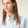 Bleu Chemise classique à manches longues en coton Col boutonné avec broderie ADC