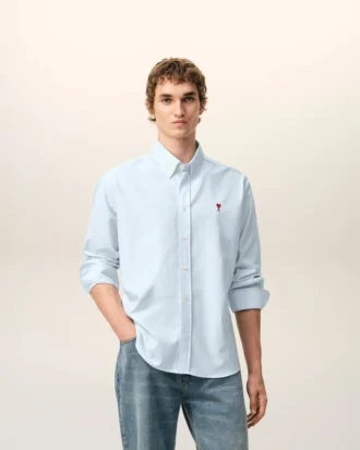 Bleu Chemise classique à manches longues en coton Col boutonné avec broderie ADC