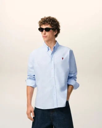 Bleu Chemise classique à manches longues en coton Col boutonné avec broderie ADC