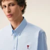 Bleu Chemise classique à manches longues en coton Col boutonné avec broderie ADC