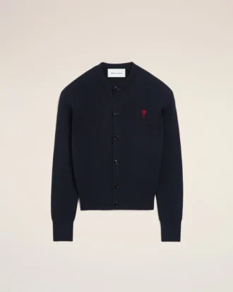 Blue Wool Crewneck Cardigan with Contrasted Ami De Coeur