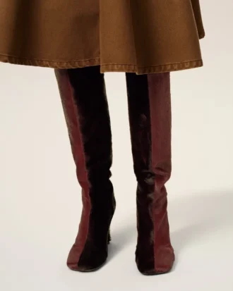 Bottes cuissardes bicolores en cuir bordeaux