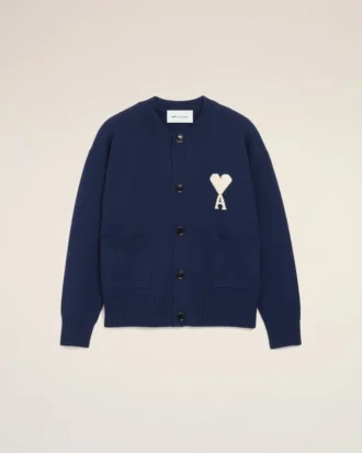 Cardigan bleu en laine à col rond Ami de Coeur