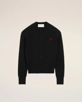 Cardigan à col rond en laine noire avec motif « Ami de Coeur » contrasté