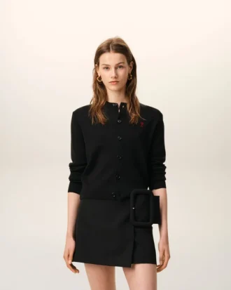 Cardigan à col rond en laine noire avec motif « Ami de Coeur » contrasté