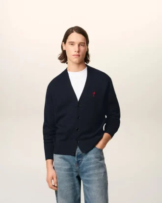 Cardigan en laine bleue avec motif Ami de Coeur contrasté