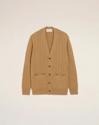Cardigan en laine et coton marron à mailles torsadées