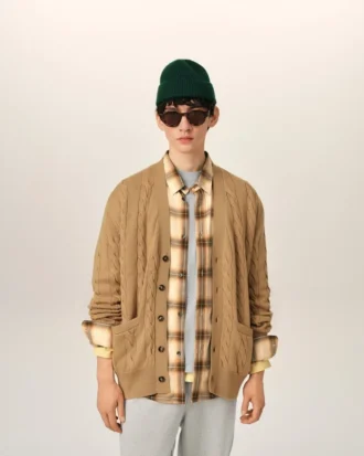 Cardigan en laine et coton marron à mailles torsadées