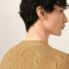Cardigan en laine et coton marron à mailles torsadées