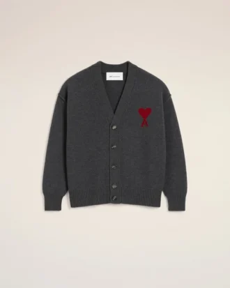 Cardigan en laine grise avec motif Ami de Coeur contrasté