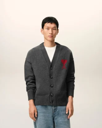 Cardigan en laine grise avec motif Ami de Coeur contrasté