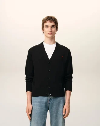 Cardigan en laine noir avec motif Ami de Coeur contrasté