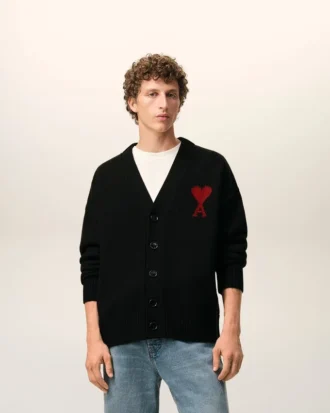 Cardigan en laine noir avec motif Ami de Coeur contrasté