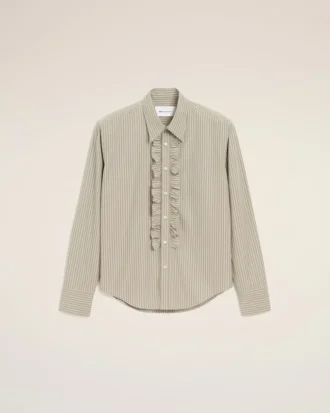 Chemise ajustée à manches longues en coton beige à volants