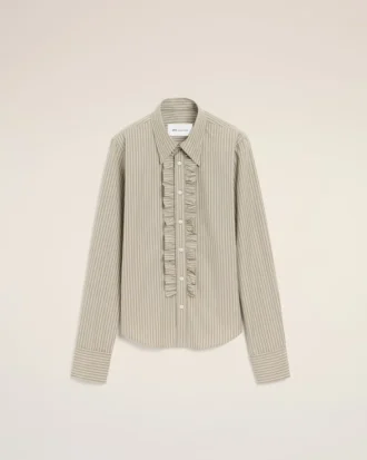 Chemise ajustée à manches longues en coton beige à volants