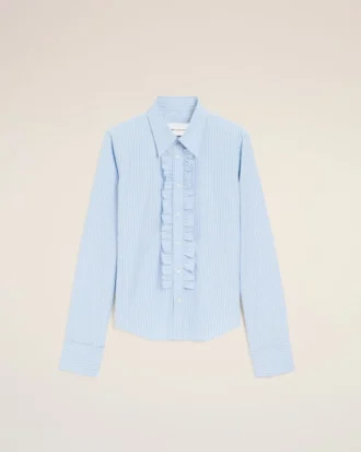 Chemise ajustée à manches longues en coton bleu à volants