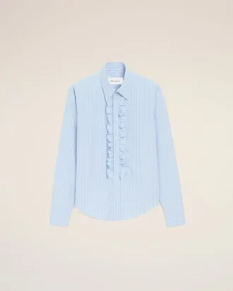 Chemise ajustée à manches longues en coton bleu à volants