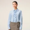 Chemise ajustée à manches longues en coton bleu à volants