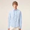 Chemise ajustée à manches longues en coton bleu à volants