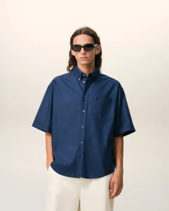 Chemise carrée en coton bleu brodée « Ami de Coeur »