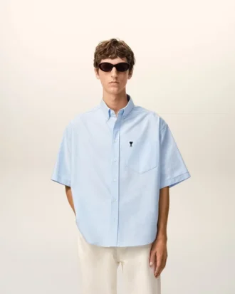 Chemise carrée en coton bleu brodée « Ami de Coeur »