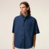 Chemise carrée en coton bleu brodée « Ami de Coeur »