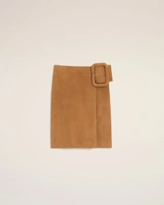 Jupe midi à ceinture à grande boucle en cuir de chèvre marron