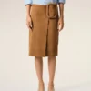 Jupe midi à ceinture à grande boucle en cuir de chèvre marron