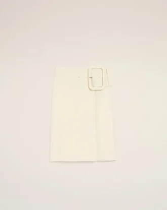 Jupe midi en laine vierge blanche avec grande boucle de ceinture