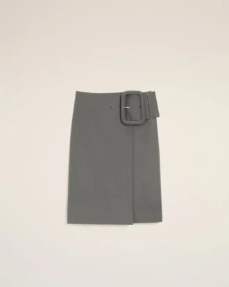 Jupe midi en laine vierge grise avec ceinture à grande boucle