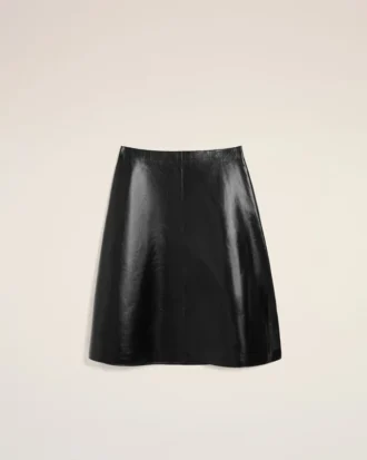 Jupe trapèze mi-longue en cuir d&rsquo;agneau noir