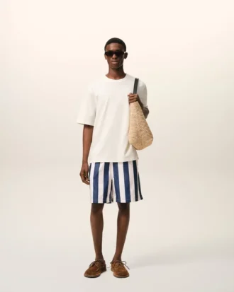 Maillot de bain à rayures longues blanches et bleu marine