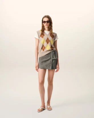 Mini-jupe à ceinture à grande boucle en cuir de chèvre gris
