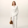 Pantalon blanc en lin mélangé à taille élastiquée