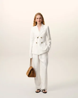 Pantalon blanc en lin mélangé à taille élastiquée