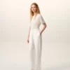 Pantalon blanc en lin mélangé à taille élastiquée