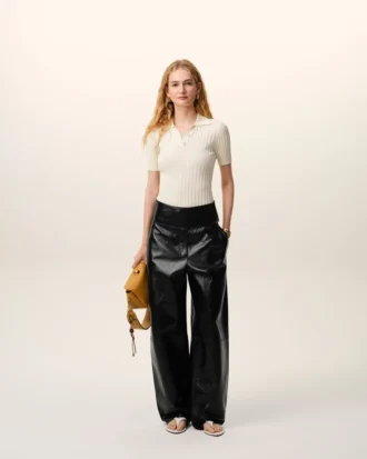 Pantalon à ceinture en cuir d&rsquo;agneau noir