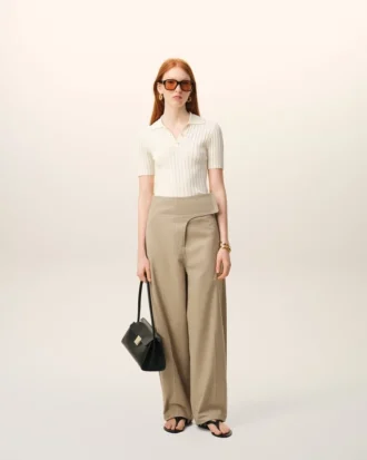 Pantalon à ceinture enveloppante en coton beige