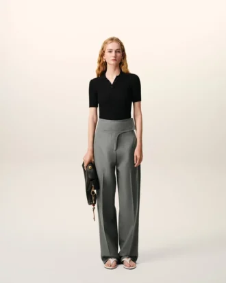 Pantalon cintré à ceinture nouée en laine vierge grise