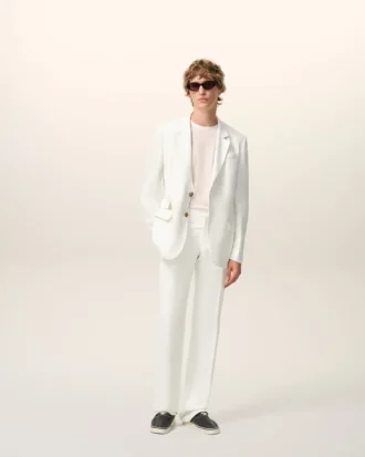 Pantalon droit en lin mélangé blanc