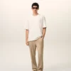 Pantalon en laine beige à taille élastiquée