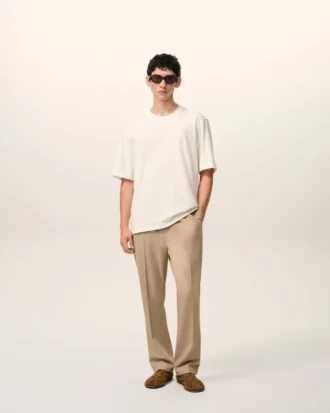 Pantalon en laine beige à taille élastiquée