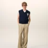 Pantalon large taille basse en laine vierge beige