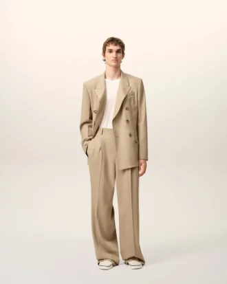 Pantalon large taille basse en laine vierge beige