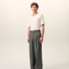 Pantalon large taille basse en laine vierge grise
