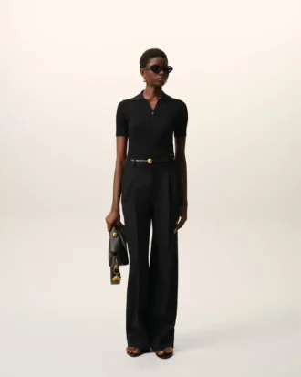 Pantalon large taille basse en laine vierge noire