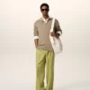 Pantalon large taille basse en laine vierge verte